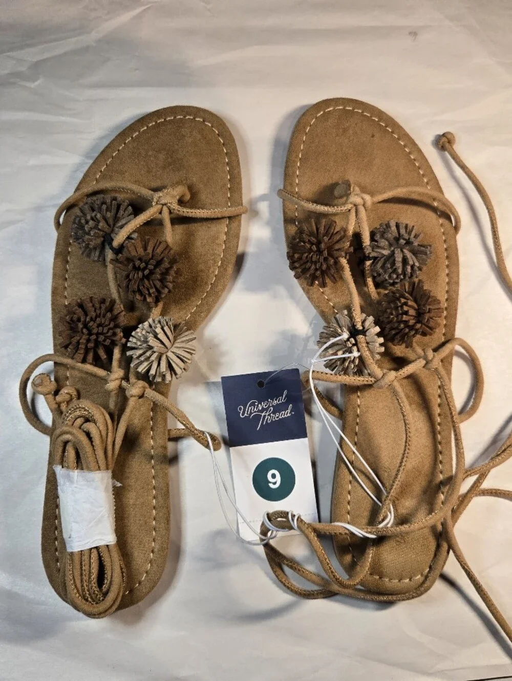 Universal Thread Women's Tan Suede Pom Pom Lace-Up Sandals